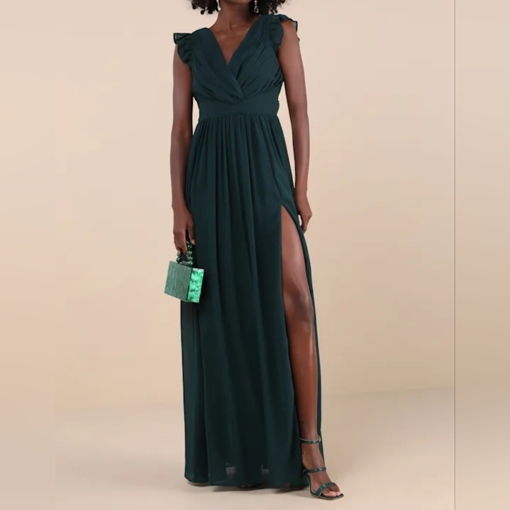 Lulus Women's Gorgeous Goal Emerald Pleated Backless Surplice Maxi Dress, XL